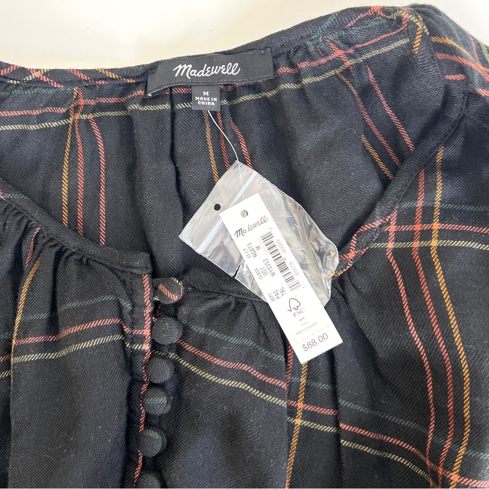 NWT Madewell Shirred Peasant Windowpane Plaid Print Blouse Wool Blend Top - Picture 3 of 6